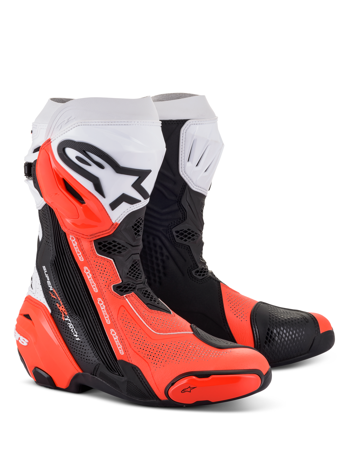Alpinestars Supertech R Vented v2 Motorlaarzen Zwart, wit en fluorood, vooraanzicht