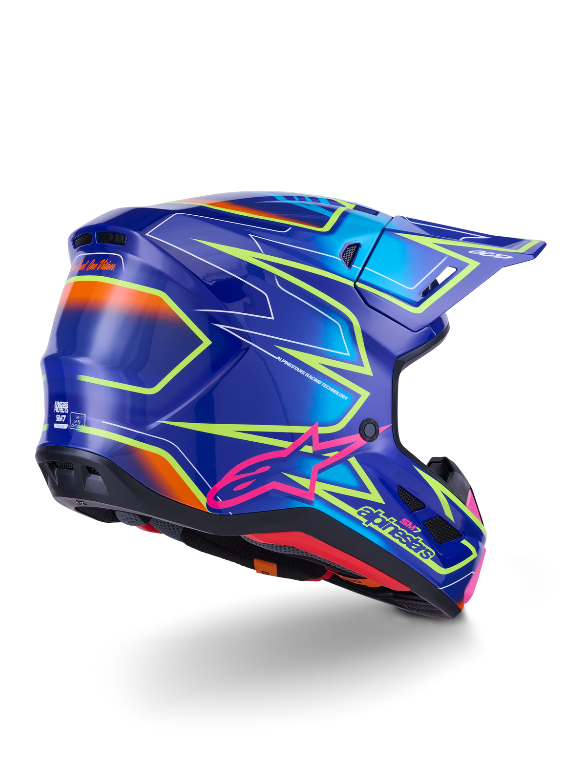 Alpinestars S-M7 Cast Crosshelm Blauw, roze en fluogeel, achteraanzicht