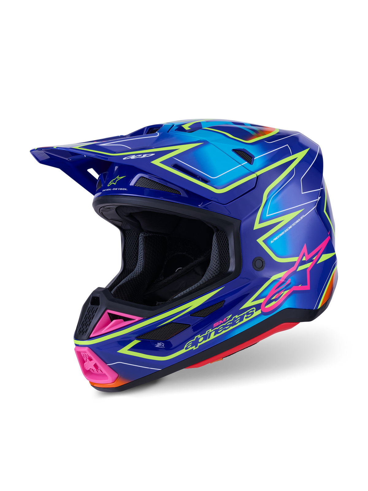 Alpinestars S-M7 Cast Crosshelm Blauw, roze en fluogeel, vooraanzicht