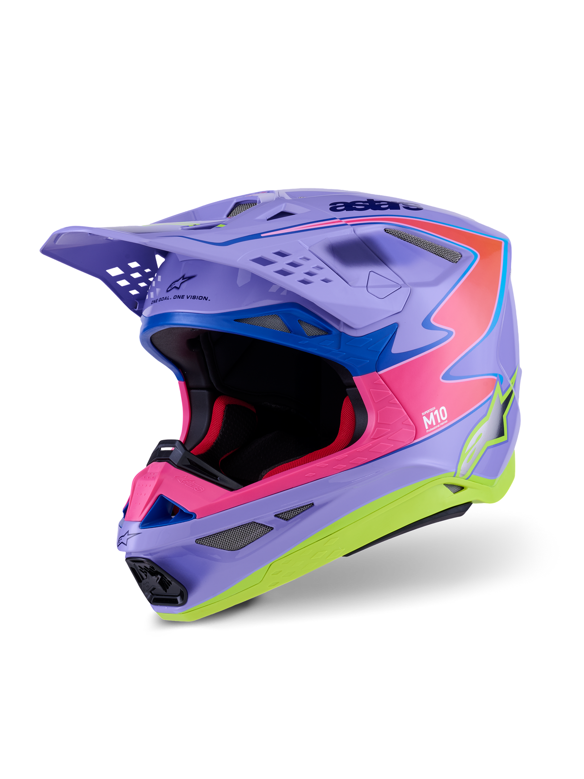 Alpinestars S-M10 JL R01 Crosshelm Paars, roze en fluogeel, vooraanzicht