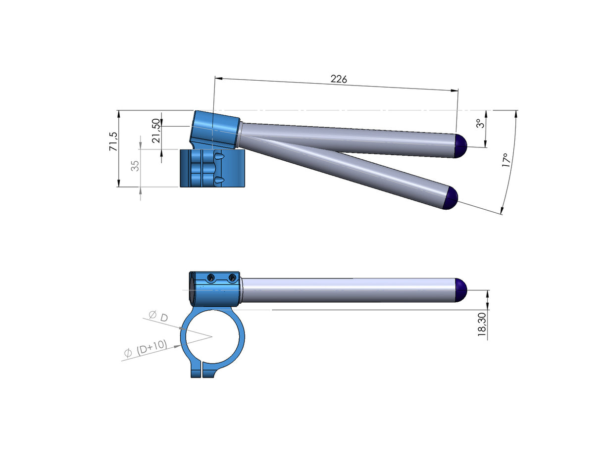 Clip-Ons Handlebars 43mm Type Verhoogd 28mm Verstelbaar Zwart Geanodiseerd