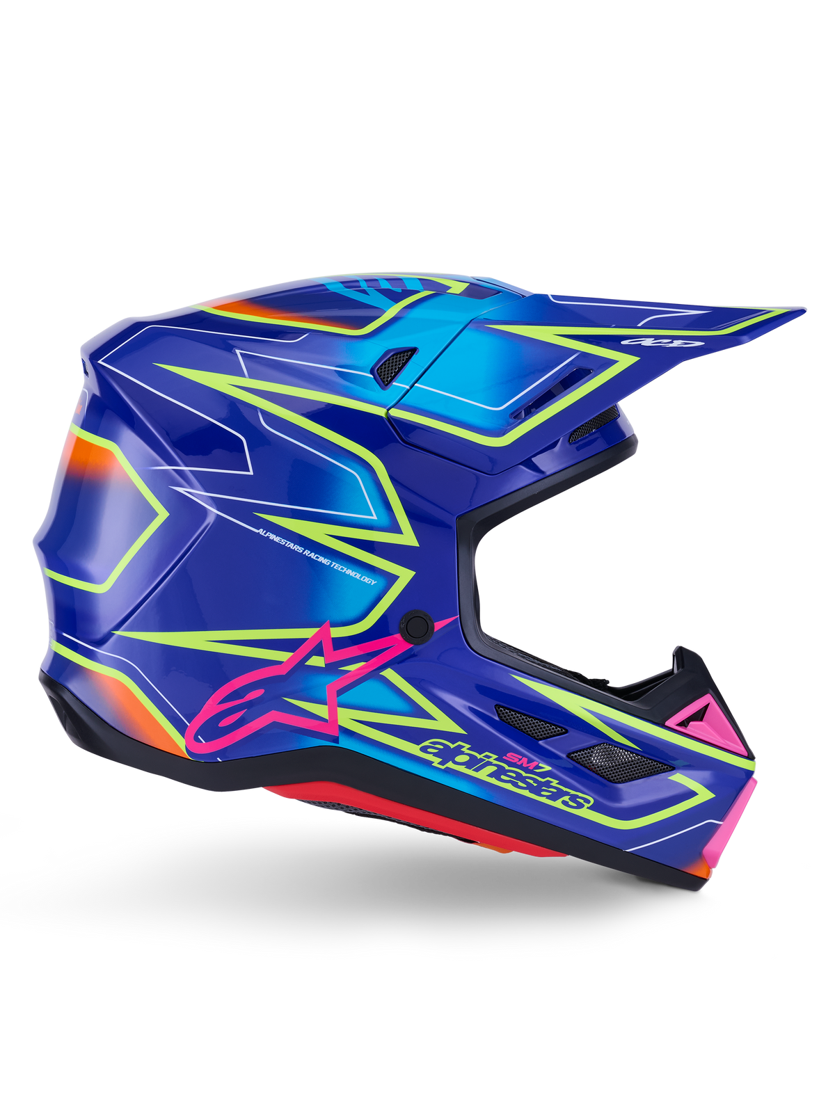 Alpinestars S-M7 Cast Crosshelm Blauw, roze en fluogeel, productfoto 1